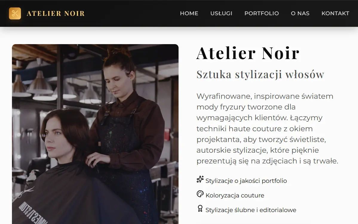 Projekt one-page salonu fryzjerskiego Atelier Noir