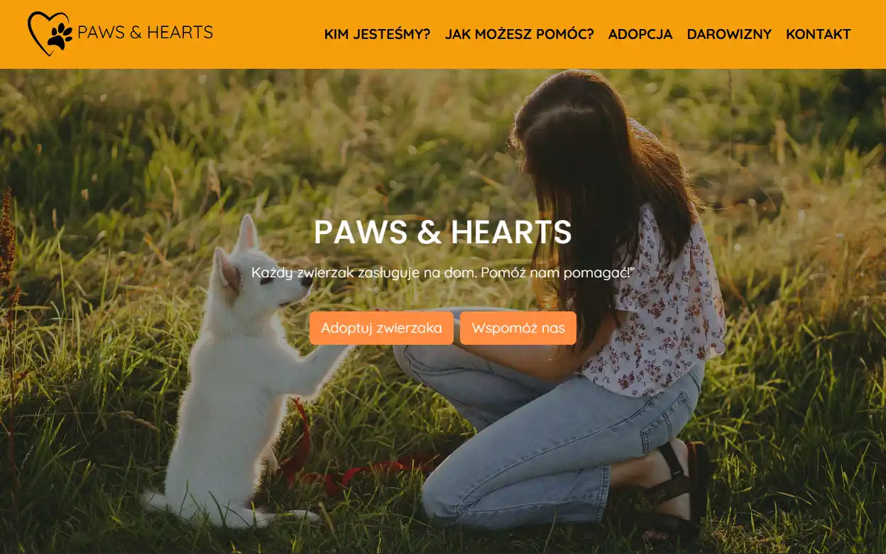 Projekt strony internetowej one-page Paws & Hearts