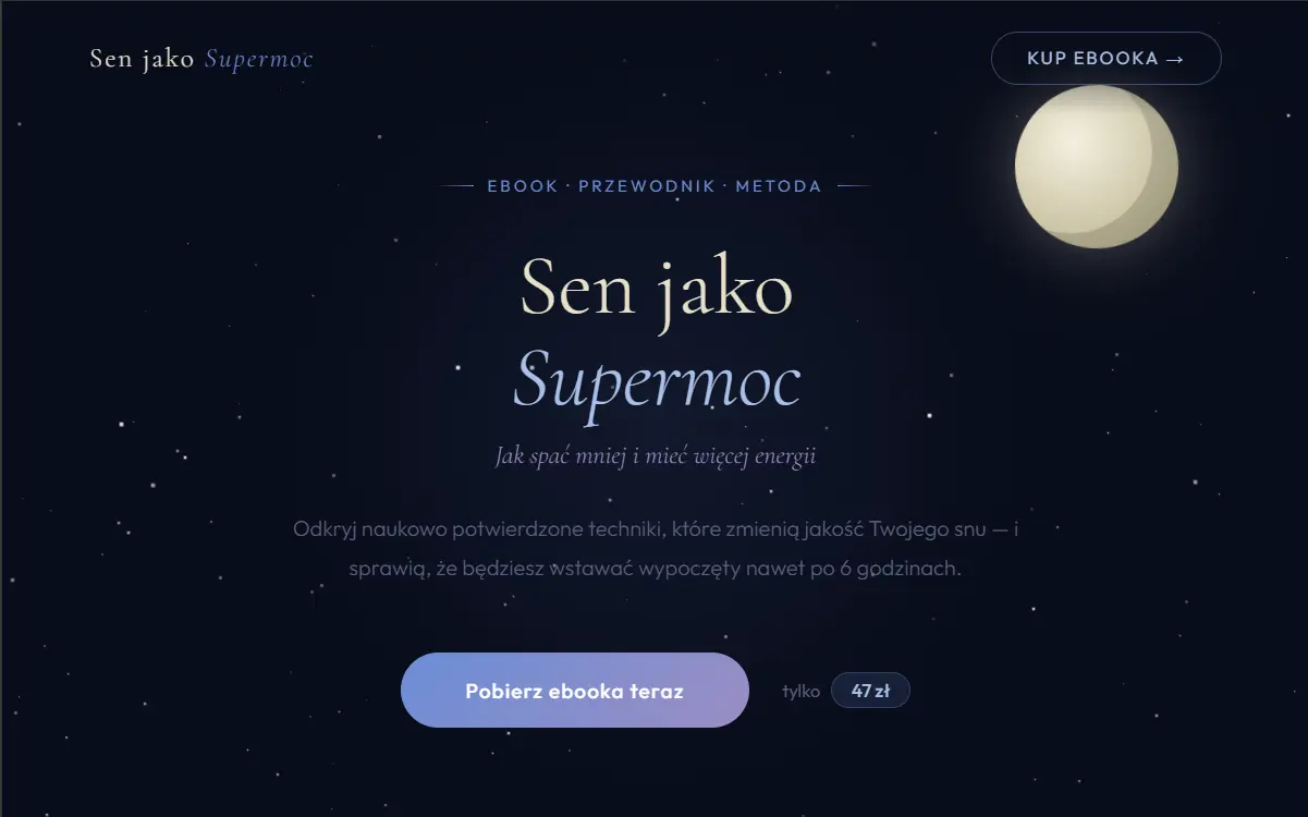 Projekt landing page ebooka Sen jako Supermoc